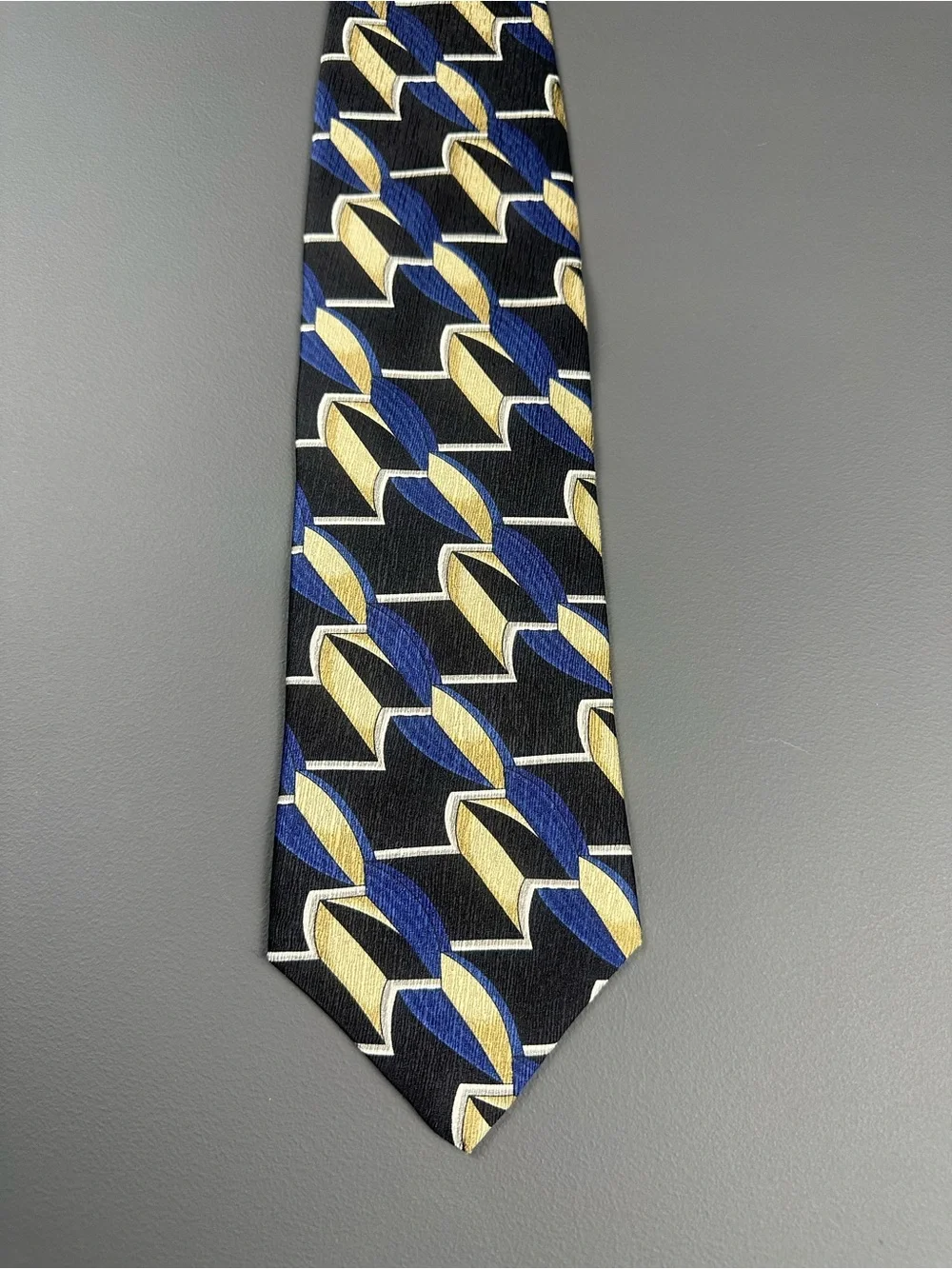George Machado Designer 100% Silk Tie Blue Gold Black Geometric Made in USA